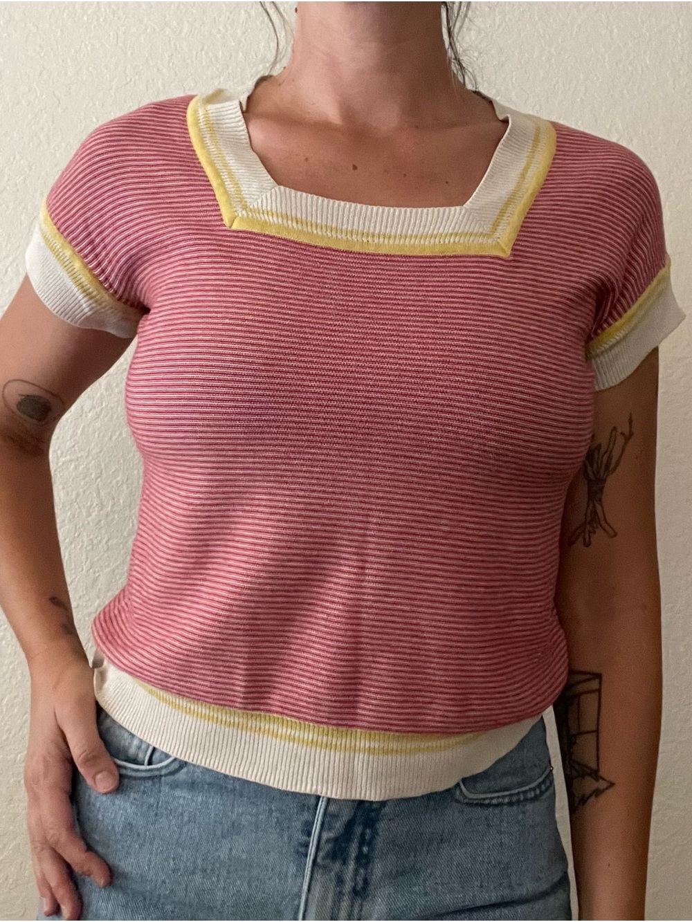Striped Pink Knit Square Neck Top with Yellow Trim